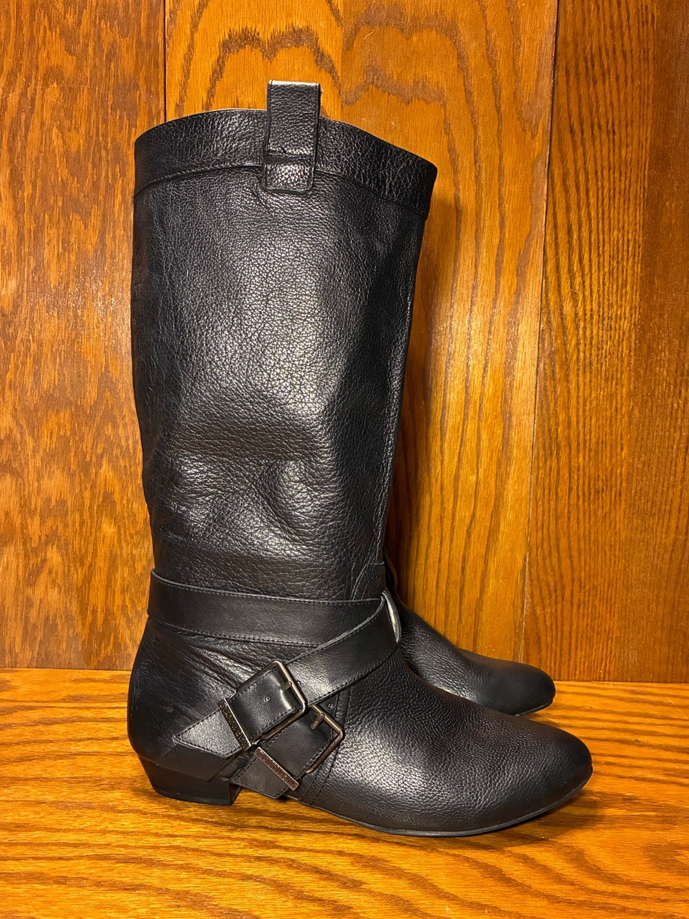Gianni Bini Black Leather Harness Moto Pull-on Tall Boots Women’s 8.5